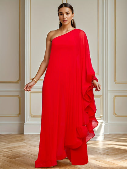 PORRCEY Sexy Single Shoulder Ruffled Sleeveless Solid Color Patchwork Elastic Jumpsuit