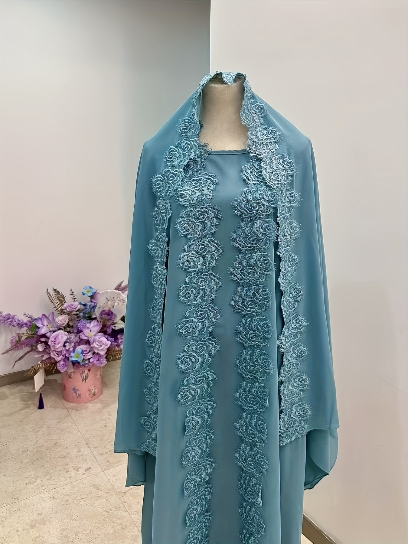 Women's 3pcs Islamic Abaya Muslim Modest Outfit Set - Long Sleeve Elegant Maxi Dress with Lace Hem & Head Veil, Loose-Fit H-Line Silhouette, Machine Washable All-Season Traditional Muslim Clothing for Prayer, Casual Attire &