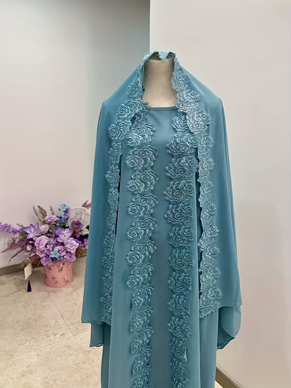 Women's 3pcs Islamic Abaya Muslim Modest Outfit Set - Long Sleeve Elegant Maxi Dress with Lace Hem & Head Veil, Loose-Fit H-Line Silhouette, Machine Washable All-Season Traditional Muslim Clothing for Prayer, Casual Attire &