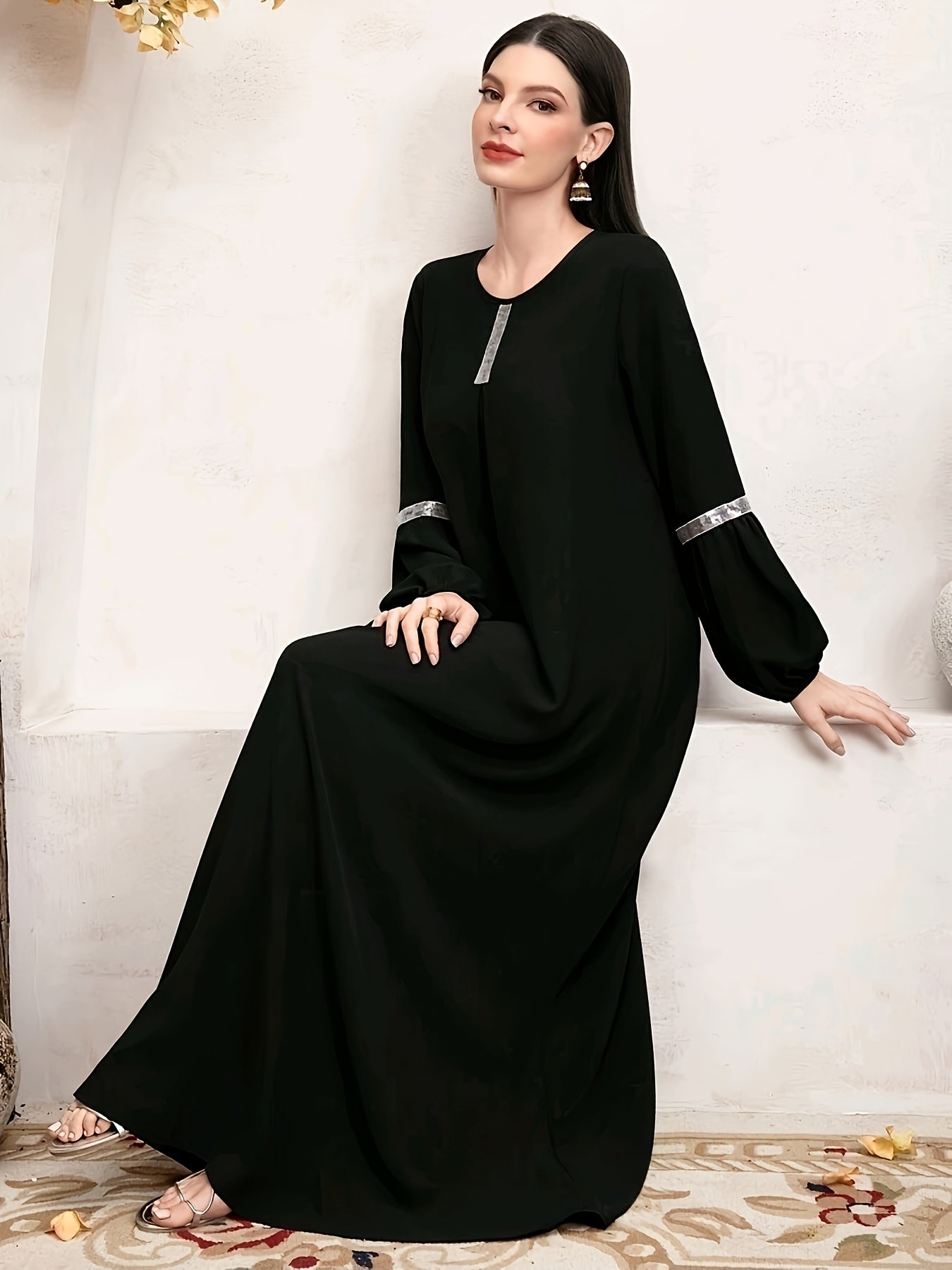 [Elegant Sequin Abaya Dress] Polyester Elegant Sequin Decorative Ladies Abaya Kaldan Dress - Humble Long Sleeves, Round Neck, Perfect For Spring/summer/fall