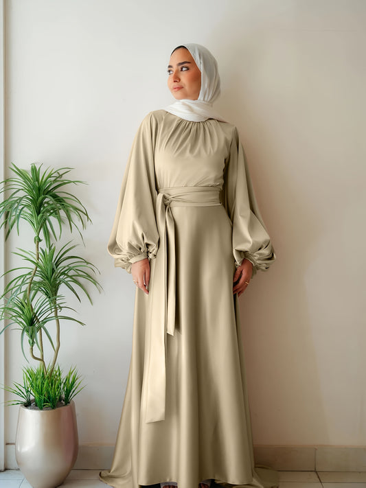 Elegant Satin Abaya with Lantern Sleeves and Belt - Long, Flowing Maxi Dress for Women, Perfect for Festivals and Special Occasions, Festival Attire|Sleek Fitted Design|Polyester Fabric