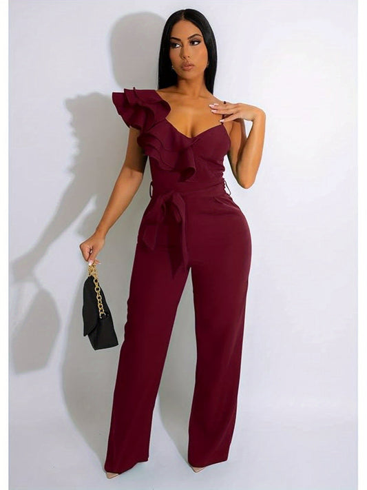 Womens Jumpsuits Ruffle Backless V-Neck Sleeveless Casual Belted Wide Leg Pant Romper Party Clubwear