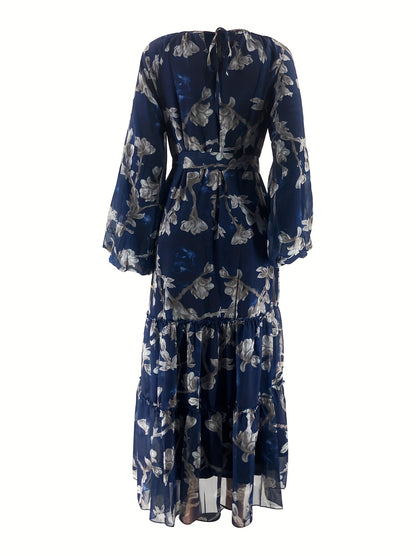 Women'S Elegant Black Floral Print Maxi Dress with Belt - Perfect for All Seasons, All-Season Dress | Floral Print Dress | Ruffled Hemline, Dress