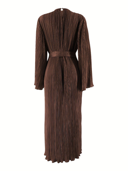 Solid Textured Belted Modest Dress, Elegant Flare Sleeve Simple Maxi Dress For Spring & Fall, Women's Clothing