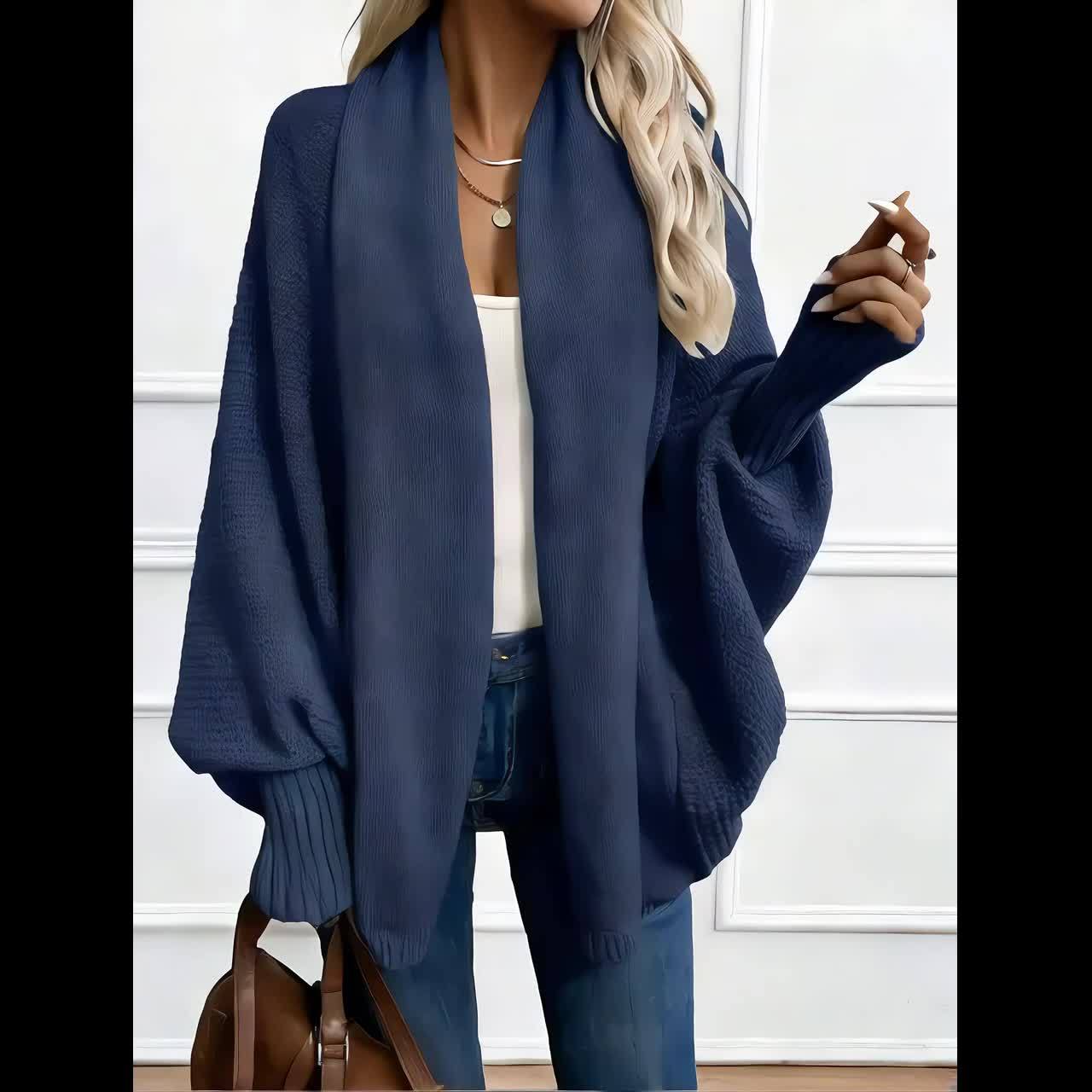 [Elegant Cardigan] Lightweight Polyester Elegant Women's Solid Color Bell Sleeve Cardigan | Contrast Collar, Perfect for Spring/Fall & Winter, Autumn Winter Fashion