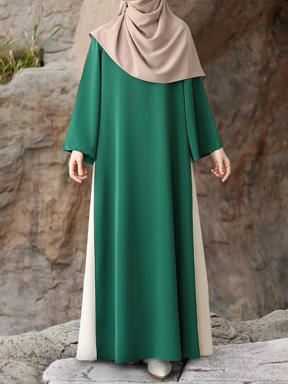 1pc Muslim Abaya Dress Long Sleeve Loose Fit A-Line with Black & White Color-Blocking & Orange Accents - Middle Eastern Elegance Adjustable Side Drawstring for Prayer, Casual, All-Season Wear (No Headscarf Included), Muslim D