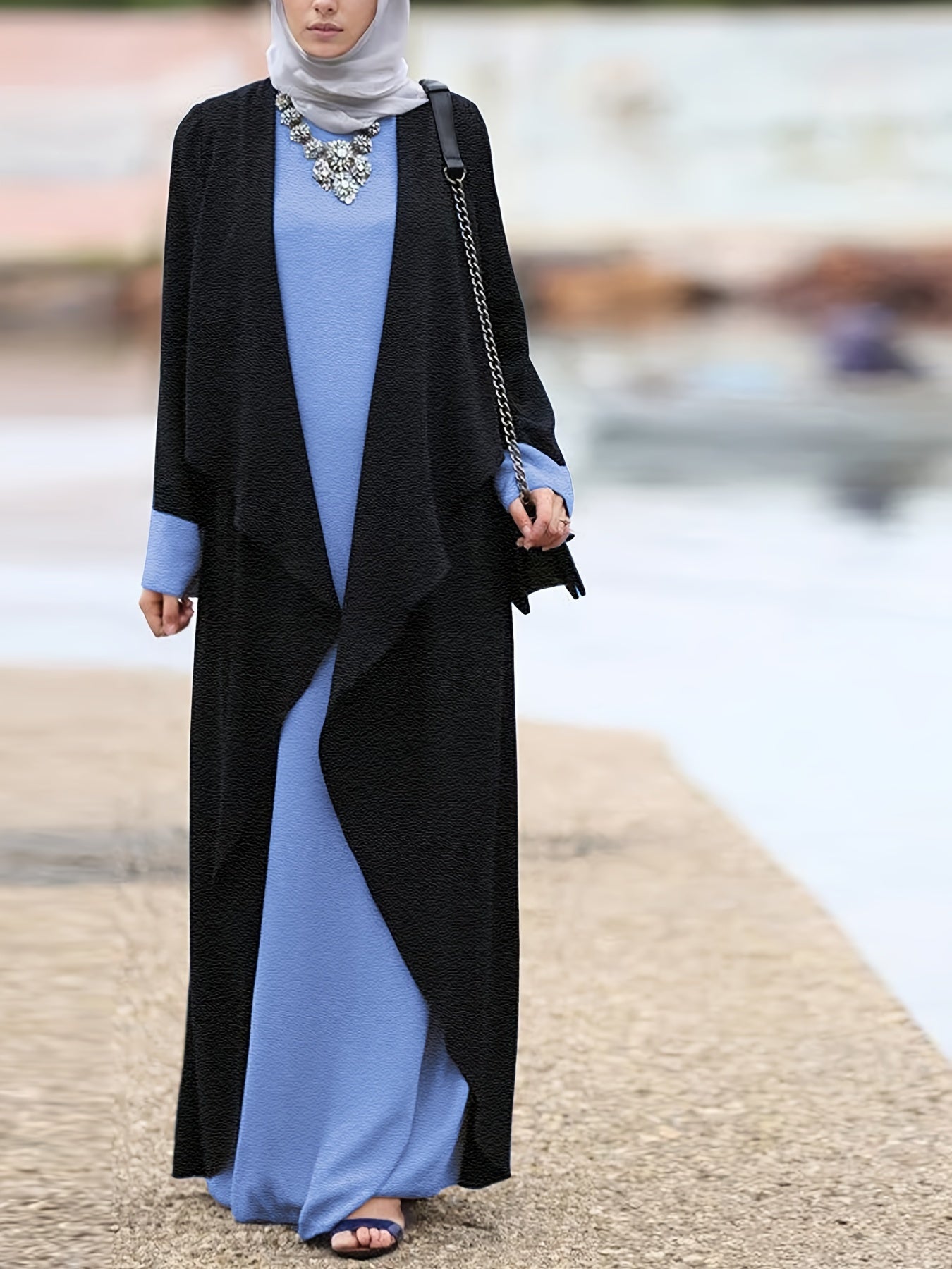 Women's Muslim Long Dress Set - Solid Color, Two-Piece, Includes Robe Jacket