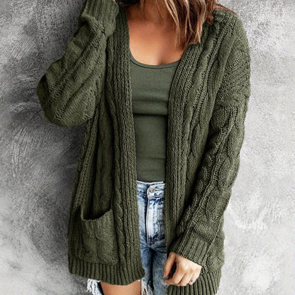 Women'S Elegant Cable Cardigan - Open Front Sweater with Side Pockets, Soft Sweater for Fall/Winter, Office, Party, Everyday Outfits - Women'S Sweater, Ladies Sweaters, Fall Wardrobe, Classic Knitwear, Cozy Material, Versatil