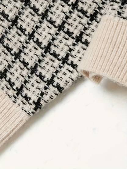 [Classic Plaid Cardigan] Classic Knitwear Women's Short Plaid Cardigan | Loose Fit Long Sleeve Open Front Sweater in Black/White/Beige/Brown | Machine Washable Round Neck Casual Chic Top for Spring & Fall | Autumn Apparel, Co