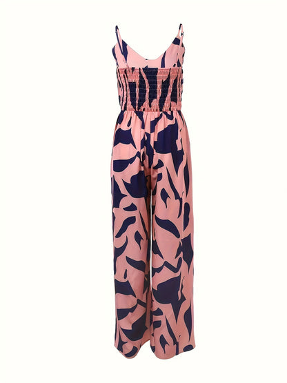 Women's Elegant Off-Shoulder High Waist Wide Leg Jumpsuit - Geometric Print Sleeveless Casual Outfit, Machine Washable Non-Stretch Fabric with Ruching Detail for All-Season Wear, Ladies Rompers And Jumpsuits, Smooth Texture F