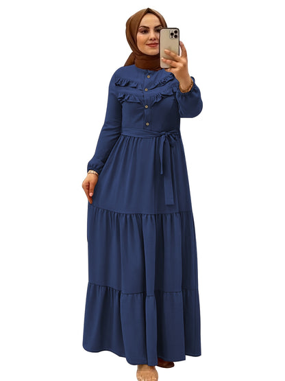 [Light Green Maxi Dress] Casual Light Green Polyester Maxi Dress - Elegant Solid Color with Ruffle Hem & Button Detail, Machine Washable - Hijab Not Included