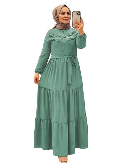 [Light Green Maxi Dress] Casual Light Green Polyester Maxi Dress - Elegant Solid Color with Ruffle Hem & Button Detail, Machine Washable - Hijab Not Included