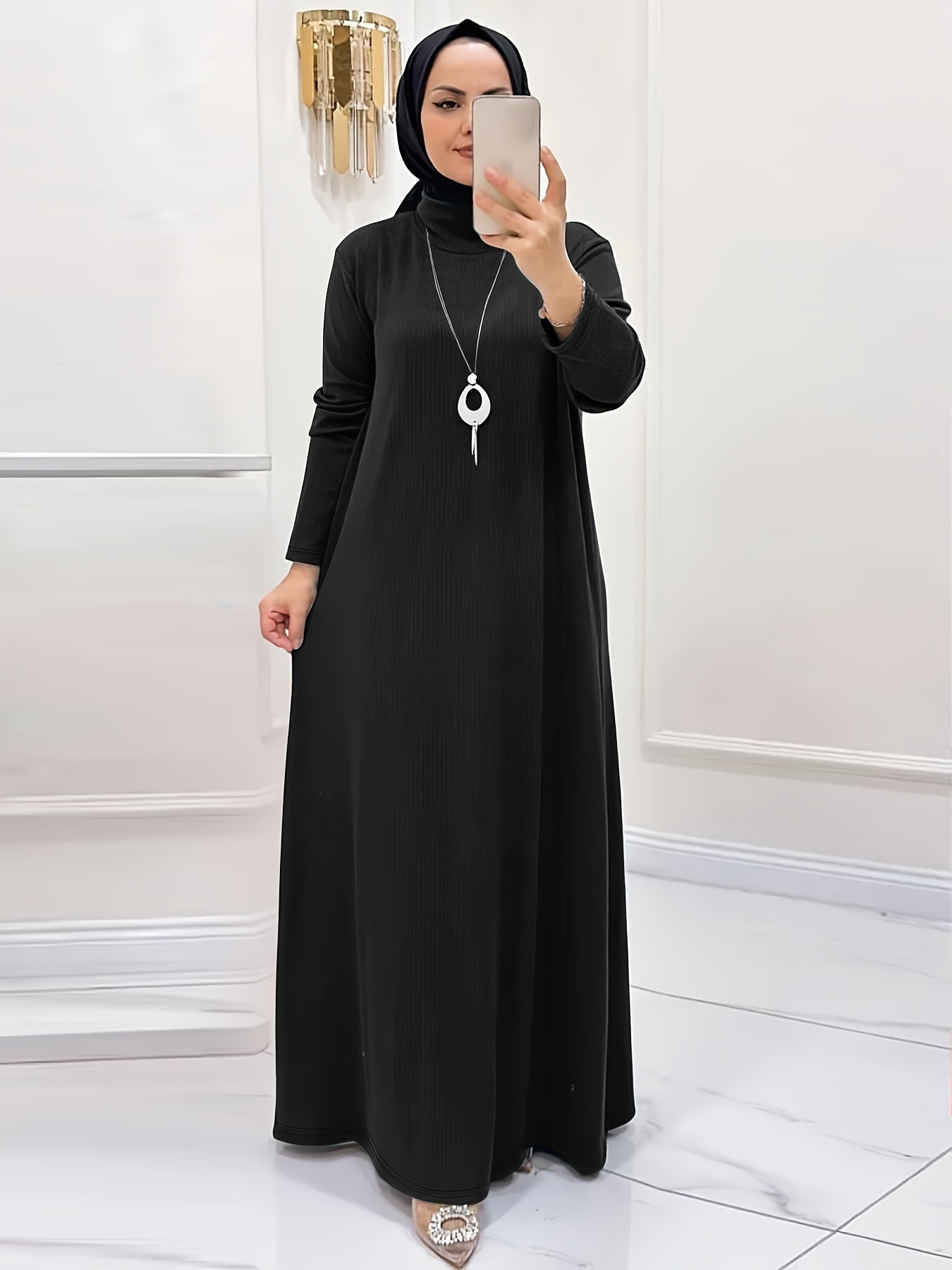 [Polyester Blend Casual Dress] Machine Washable Polyester & Spandex Blend Elegant Solid Color Long Casual Dress for Women - Perfect for All Seasons