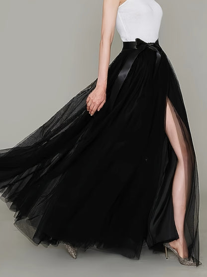 [Elegant Maxi Skirt] Red Elegant High-Waist Tulle Maxi Skirt | Asymmetrical Hem, Solid Color Polyester Lined, All-Season Mesh A-Line Skirt with Elastic Waistband, Formal Event Attire, Flowing Design, Polyester Lining