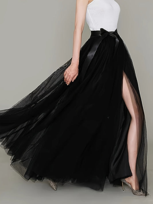 [Elegant Maxi Skirt] Red Elegant High-Waist Tulle Maxi Skirt | Asymmetrical Hem, Solid Color Polyester Lined, All-Season Mesh A-Line Skirt with Elastic Waistband, Formal Event Attire, Flowing Design, Polyester Lining