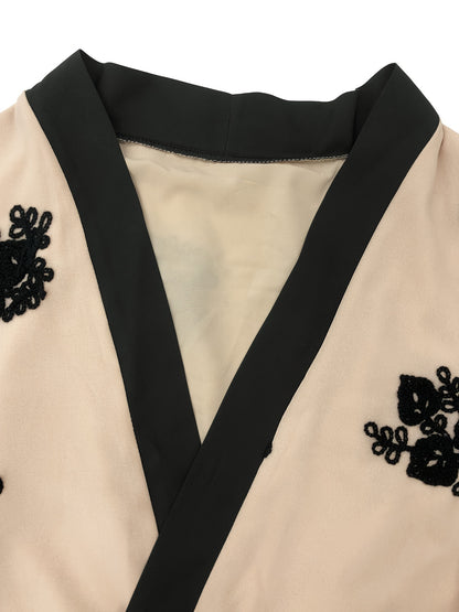 Ramadan Floral Charm - Crew Neck Long Sleeve Kaftan Abaya Dress with Belted Waist - A Stylish Casual Choice for Women, Hijab-Free