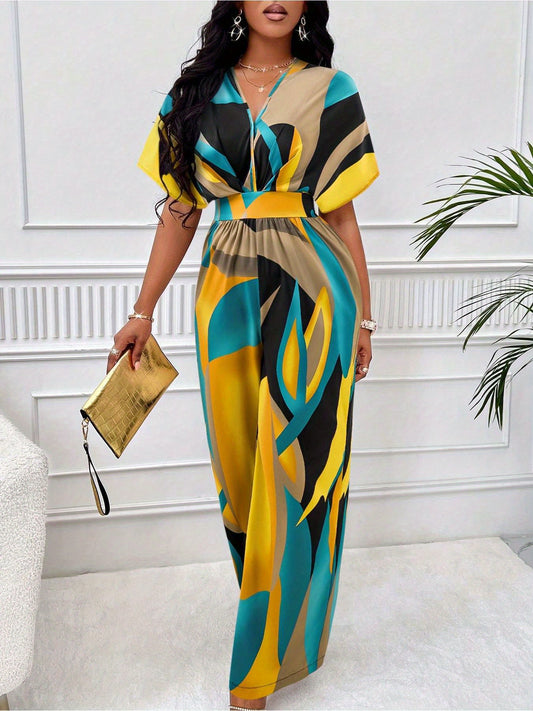 Women's Geometric Print V-Neck Jumpsuit - Short Raglan Sleeves & Smocking Detail, Wide-Leg Long Length, Machine Washable for Spring/Summer/Fall, Resort & Evening Outings, Ladies Rompers And Jumpsuits, Evening Wear, Vneck Styl