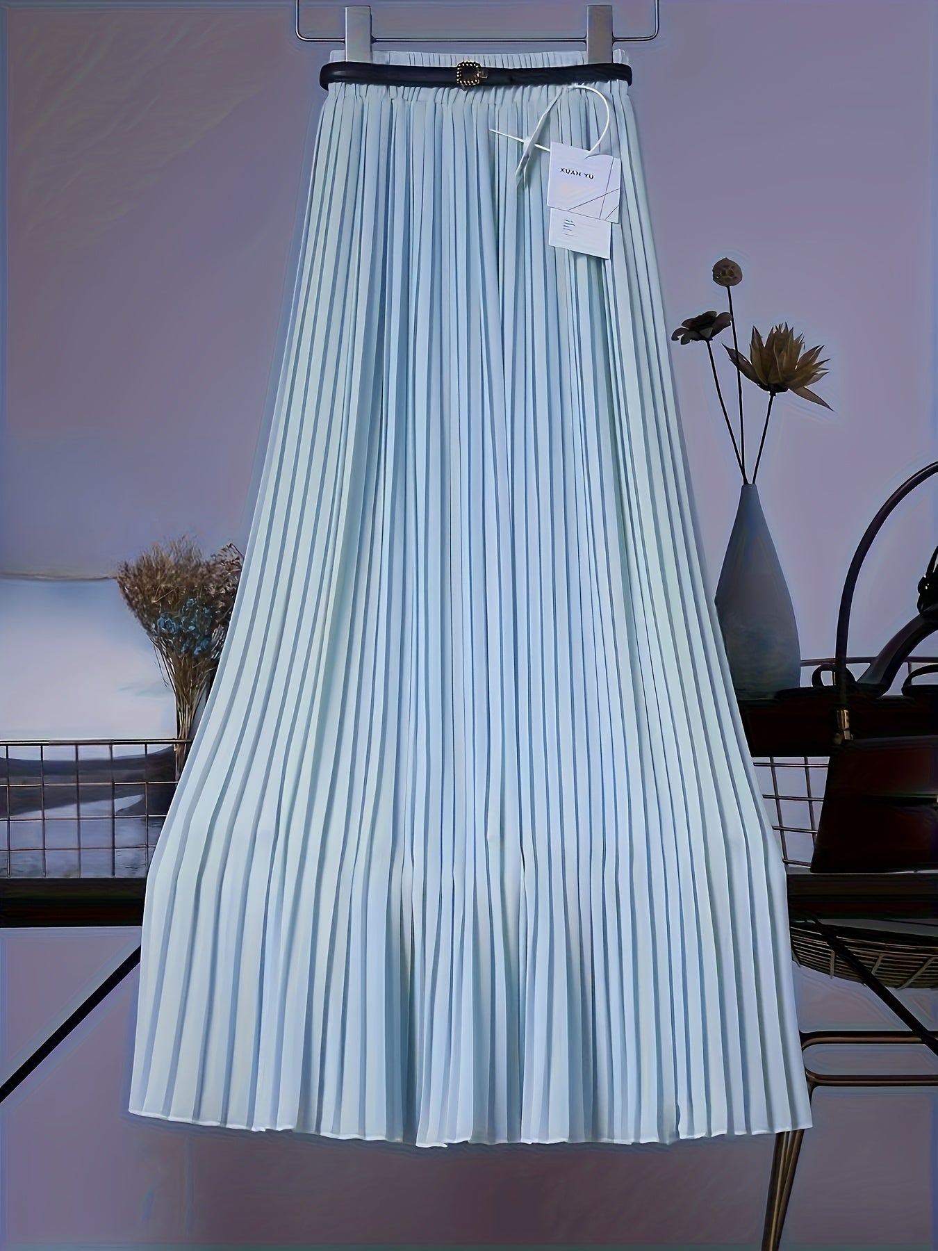 [Chic Pleated] High-Waisted Flowy Chiffon Skirt A-Line Midi Long Dress for Women