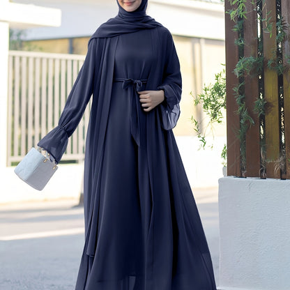Middle Eastern Muslim Elegant Chiffon Abaya Set with Vest and Belted Outer Wrap