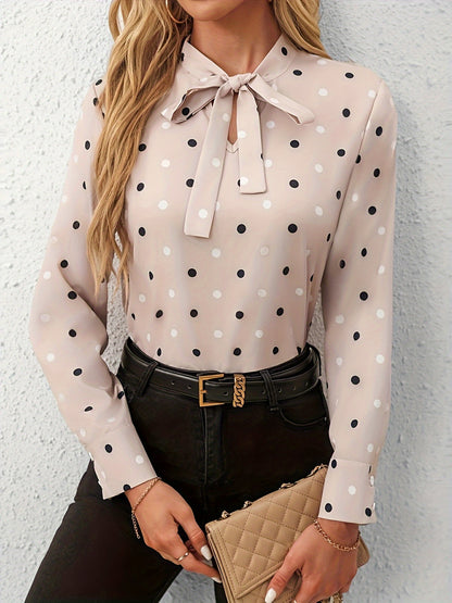 Women's Polka Dot Bowknot Collar Shirt - Long Sleeve Polyester Top, Machine Washable & Wrinkle-Resistant, Elegant Office & Casual Wear for Spring Summer Fall, Casual Latest Design Collar Shirts, Seasonal Fashion, Easycare Clo