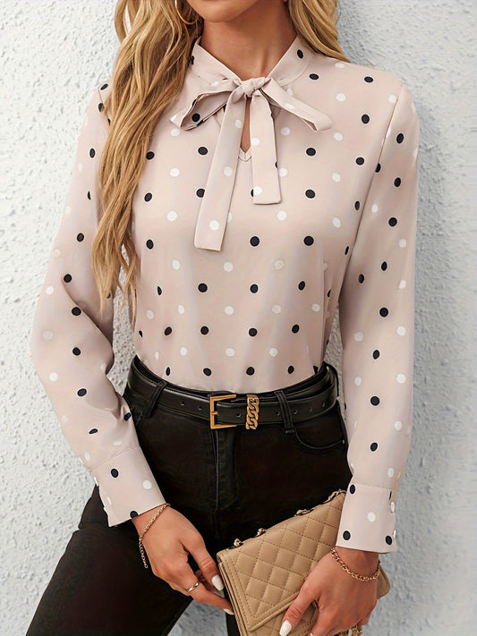Women's Polka Dot Bowknot Collar Shirt - Long Sleeve Polyester Top, Machine Washable & Wrinkle-Resistant, Elegant Office & Casual Wear for Spring Summer Fall, Casual Latest Design Collar Shirts, Seasonal Fashion, Easycare Clo