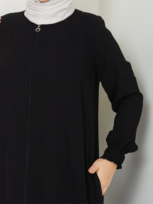 Women's Elegant Islamic Abaya Robe - Muslim Dress with Zipper Closure, Non-Stretchy Full Coverage Islamic Clothing for Everyday & Special Occasions - Modest Muslim Gown (Black) - Model 8322