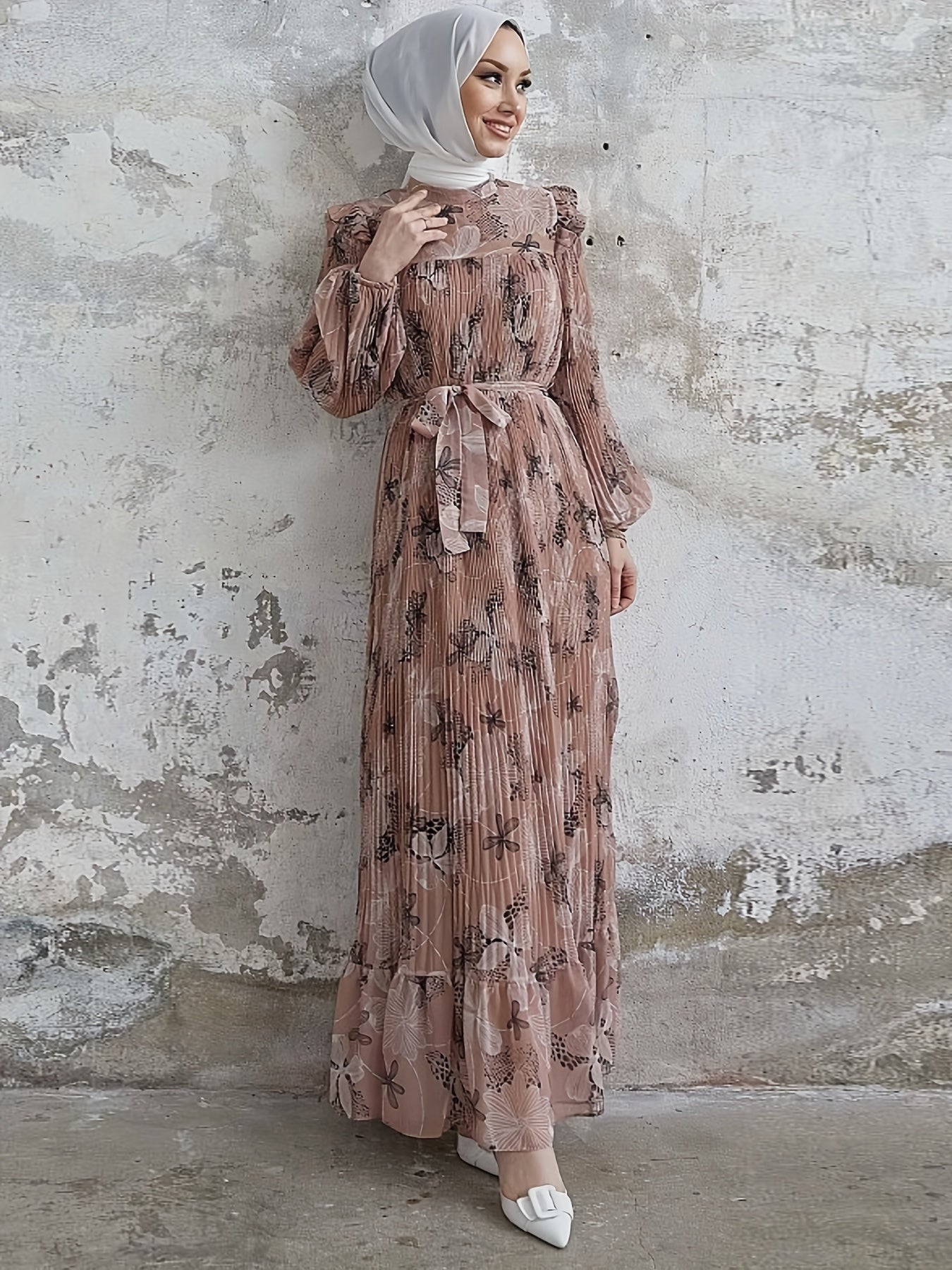 Stunning Floral Print Crew Neck Long Sleeve Abaya Dress - Elegant Ruffle Hem Maxi Length, Belted, Polyester, Machine Washable, Woven, Middle Eastern Style Womens Clothing for All Seasons