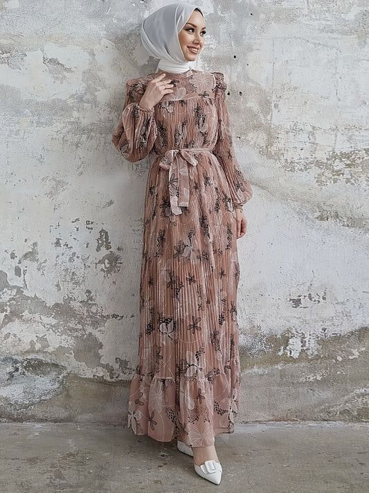 Stunning Floral Print Crew Neck Long Sleeve Abaya Dress - Elegant Ruffle Hem Maxi Length, Belted, Polyester, Machine Washable, Woven, Middle Eastern Style Womens Clothing for All Seasons