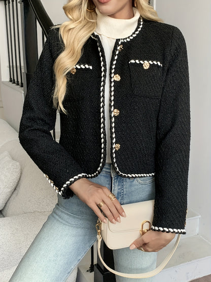 Women'S Tweed Jacket - Elegant Black Blazer-like Coat with Golden Buttons, Structured Office & Everyday Outerwear for Fall/Spring, Chic Work Party Jacket by SCACTO, Ladies Jacket, Casual Wear, Sophisticated Design, Textured F