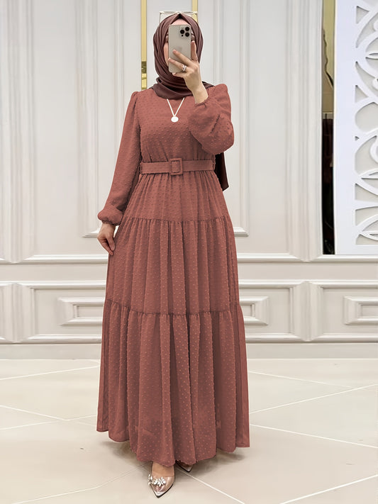 Women's Elegant Muslim Abaya Dress - Soft Pink Islamic Robe with Waist Belt, Flowy Long Dress for Everyday & Special Occasions, Machine Washable Modest Muslim Outfit (No Headscarf Included) - Middle Eastern Formal attire, Mus