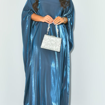 Elegant Sparkling Metallic Abaya for Women - One Size, Long Sleeve, Round Neck with Side Slit, All-Season Flowing Maxi Dress, Casual Wear|Shimmering Abaya| Flowing Design