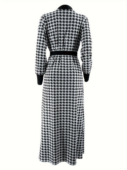 [Seasonal Chic, Elegant Hijab Suit] Elegant Houndstooth Hijab Suit Set - Chic Long Sleeve Cardigan with Belt & Maxi Dress Combo, Polyester Blend, Machine Washable - Perfect for Fall/Winter