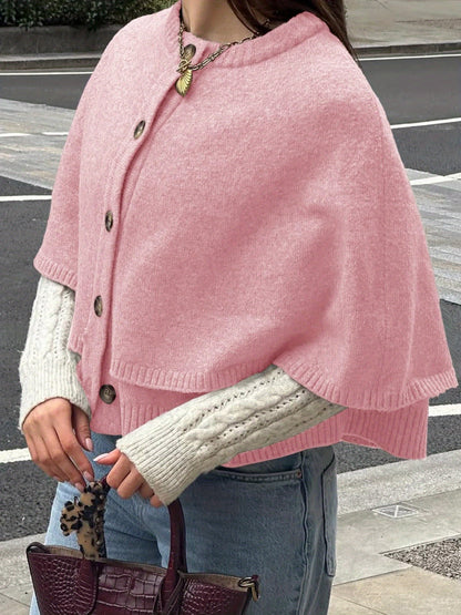 Women's Elegant Soft Pink Oversized Cape Cardigan - Fall Winter Sweater Coat with Button Front Closure, Long Sleeve Crew Neck & H-Line Silhouette, Medium Stretch for Casual to Formal Outfits