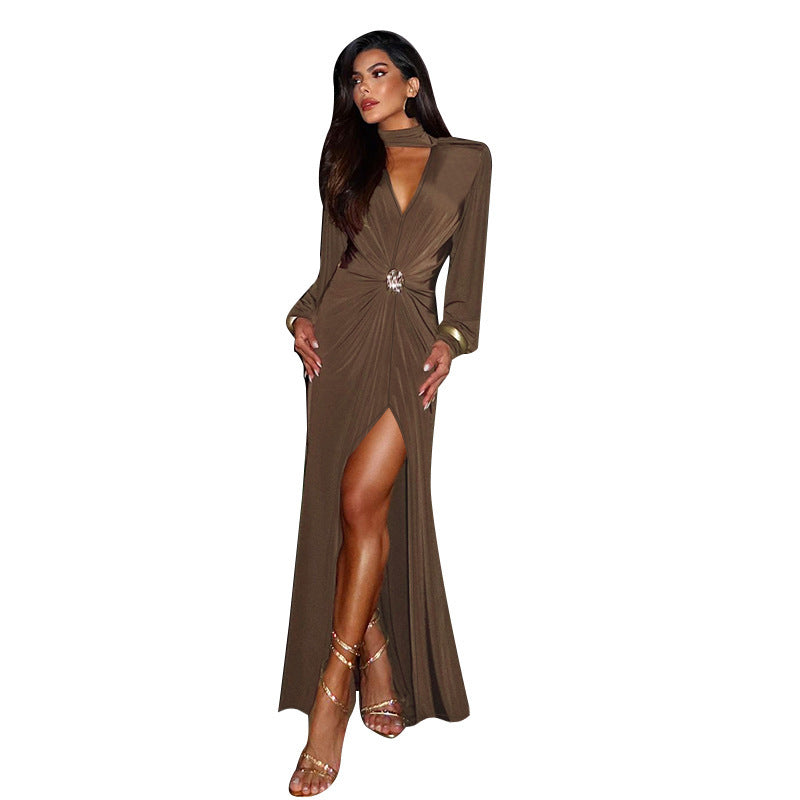 Deep V-high slit pleated design for celebrity dresses and dresses