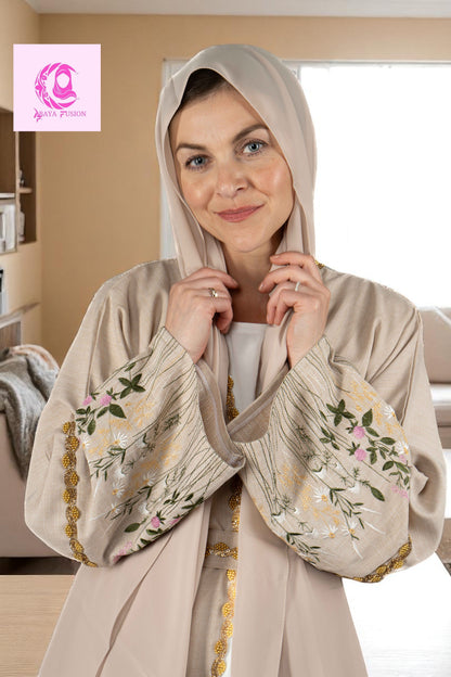 Beige linen embroidery abaya