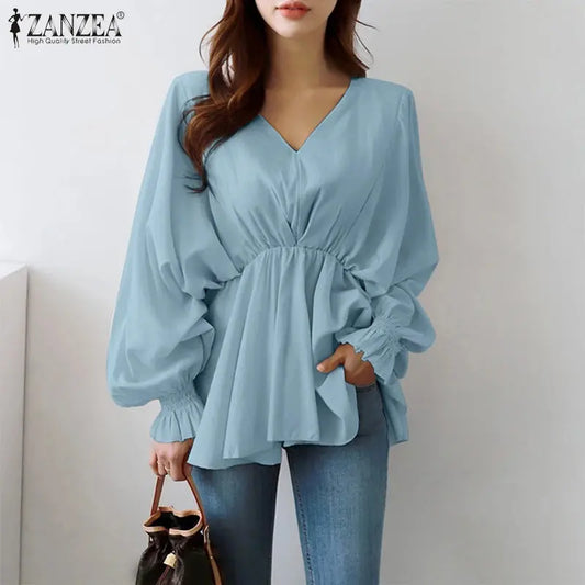 ZANZEA 2023 Stylish Puff Sleeve Tops Women's High Waist Blouses Casual V Neck Ruffle Blusas Female Solid Tunic - D&M Boutique