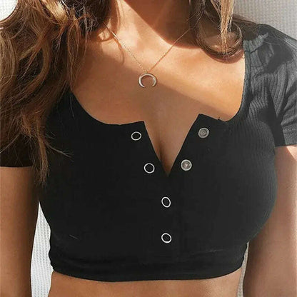 V-Neck Button Crop Top: Slim Fit Summer Tee - D&M Boutique 