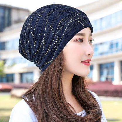 Women Summer Lace Rhinestone Breathable Sunscreen Sun Hat Female Fashion Spring Autumn Windproof Warm Black Cap Headscarf K39