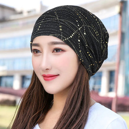 Women Summer Lace Rhinestone Breathable Sunscreen Sun Hat Female Fashion Spring Autumn Windproof Warm Black Cap Headscarf K39