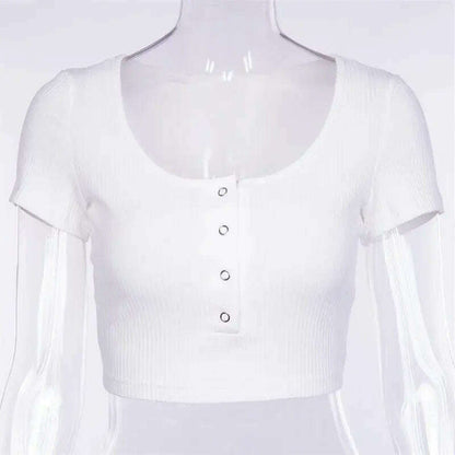V-Neck Button Crop Top: Slim Fit Summer Tee - D&M Boutique 