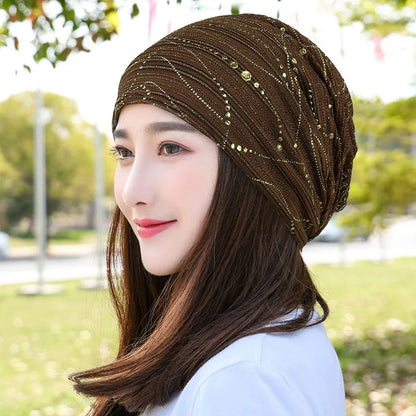 Women Summer Lace Rhinestone Breathable Sunscreen Sun Hat Female Fashion Spring Autumn Windproof Warm Black Cap Headscarf K39