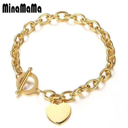 Classic Stainless Steel Toggle Bracelets Thick Chain Love Heart Charm Bracelet For Women Girls New Bracelets Trendy Jewelry