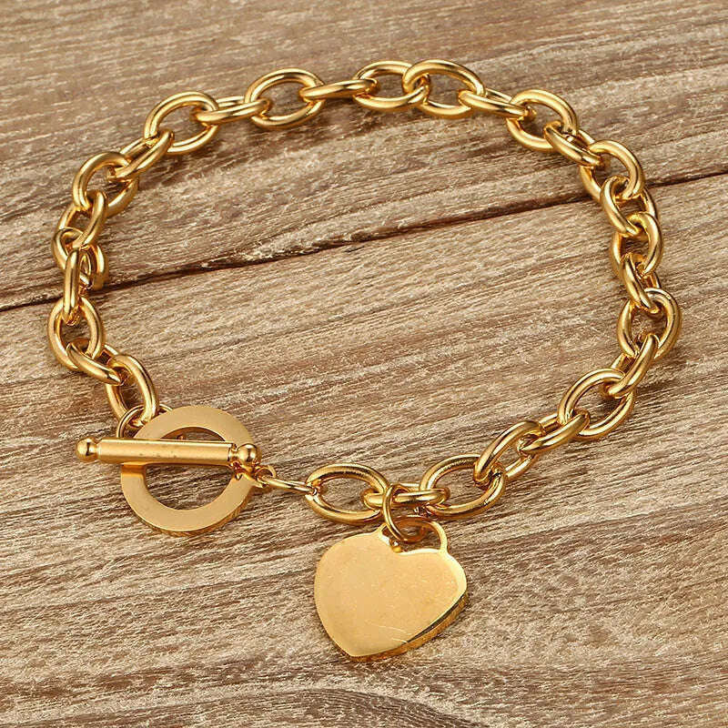Classic Stainless Steel Toggle Bracelets Thick Chain Love Heart Charm Bracelet For Women Girls New Bracelets Trendy Jewelry