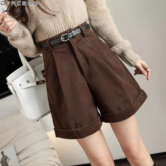 Streetwear Winter Corduroy Shorts – Loose, High Waist, Woolen, with Belt - D&M Boutique