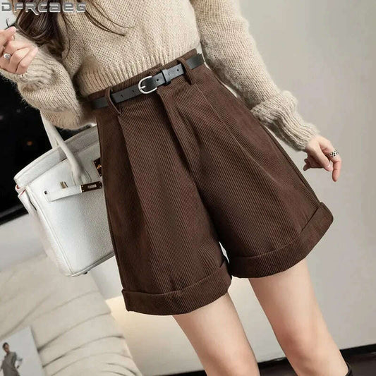 Streetwear Winter Corduroy Shorts – Loose, High Waist, Woolen, with Belt