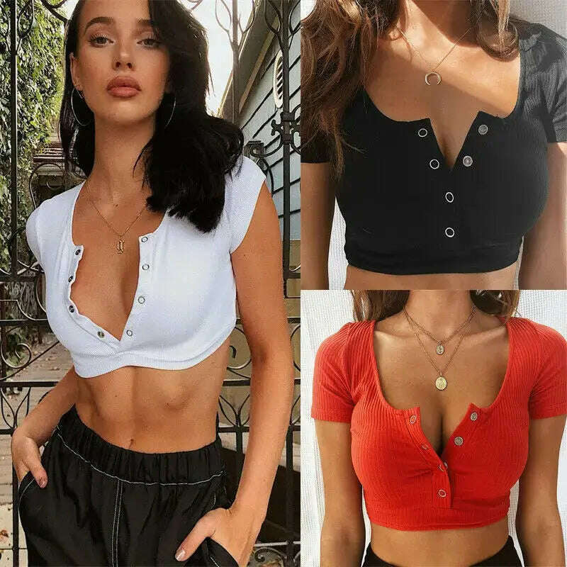 V-Neck Button Crop Top: Slim Fit Summer Tee - D&M Boutique 