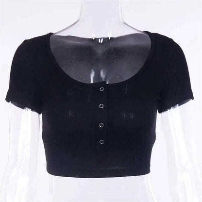 V-Neck Button Crop Top: Slim Fit Summer Tee - D&M Boutique 