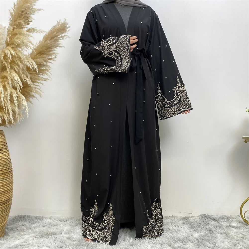 New Embroidery Lace Cardigan with Pearls Soft Polyester Fabric Open Abaya For Women - D&M Boutique