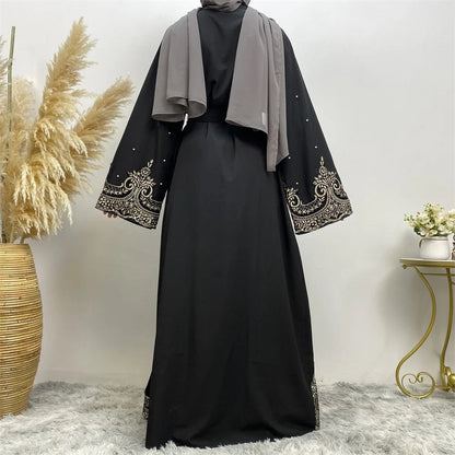 New Embroidery Lace Cardigan with Pearls Soft Polyester Fabric Open Abaya For Women