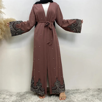 New Embroidery Lace Cardigan with Pearls Soft Polyester Fabric Open Abaya For Women